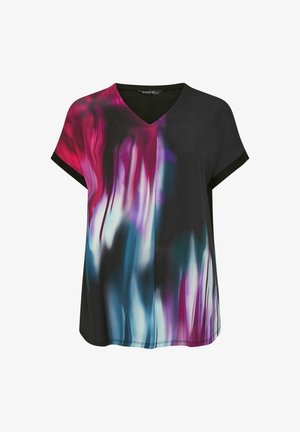 Zwart kortdigige top met een levendig abstract patroon in tinten van roze, paars en blauw, met een V-halslijn en lichtgewicht stof.