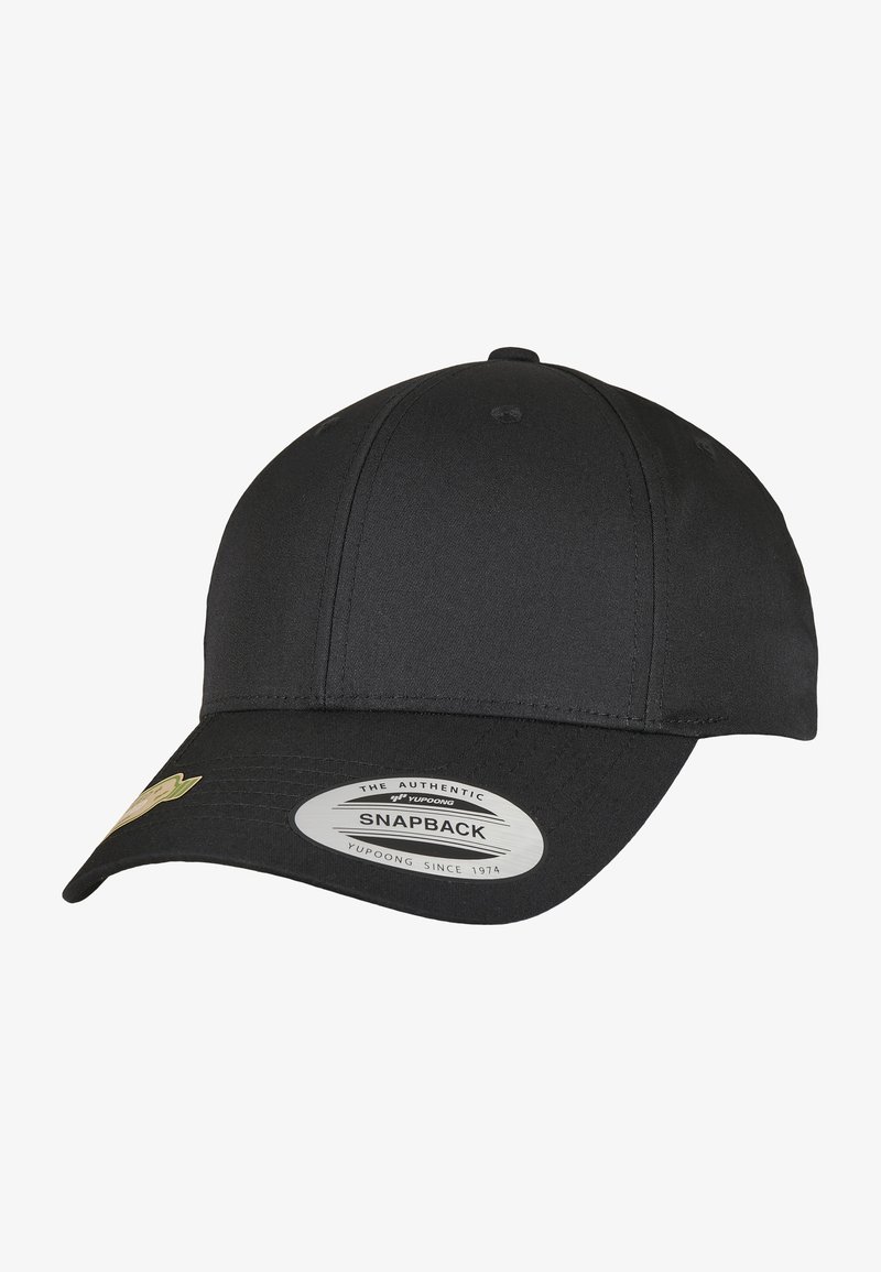 Black snapback cap made of fabric, featuring a structured crown, curved visor, and a plastic adjustable strap. Embroidered logo detail.