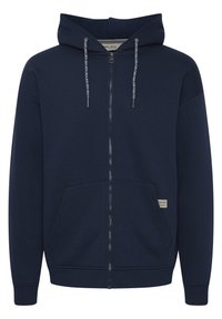 Navyblauwe zip-up hoodie met een trekkoord capuchon, twee voorkwabben, ribgebreide manchetten en zoom, gemaakt van zacht materiaal. Bevat een subtiele merklabel.