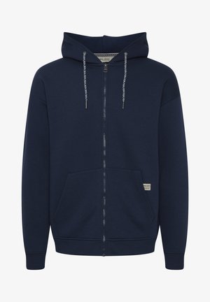 Navyblauwe zip-up hoodie met een trekkoord capuchon, twee voorkwabben, ribgebreide manchetten en zoom, gemaakt van zacht materiaal. Bevat een subtiele merklabel.