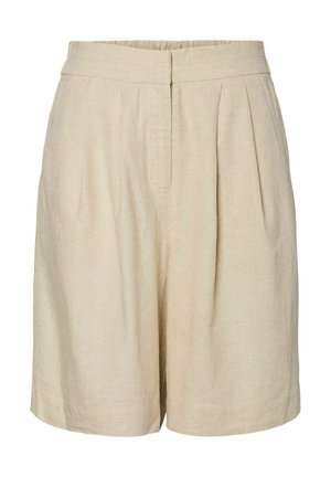 Beige linnedesignede shorts med høj talje, plisseret front og en afslappet pasform. Stoffet har en subtil tekstur og blød fald.