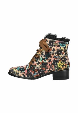 Floral ankle boot in multicolor fabric with brown laces, a textured black trim at the top, and a chunky black heel. Decorative stitching accents.