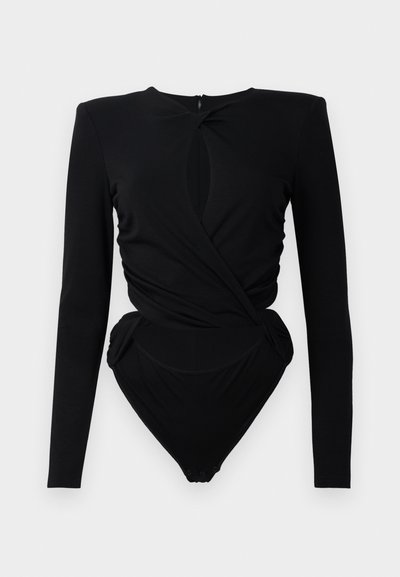 Black long-sleeve bodysuit with padded shoulders, keyhole cutout at neckline, wrap-style front, and snap closure at crotch.