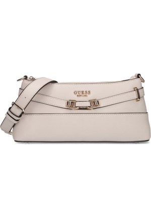 Borsa a tracolla in pelle beige chiaro con finitura texturizzata, hardware dorato, dettaglio con logo frontale e tracolla regolabile.