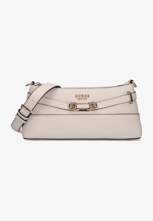 Hellbeige Leder-Crossbody-Tasche mit strukturierter Oberfläche, goldfarbener Hardware, Logo-Detail auf der Vorderseite und verstellbarem Schulterriemen.