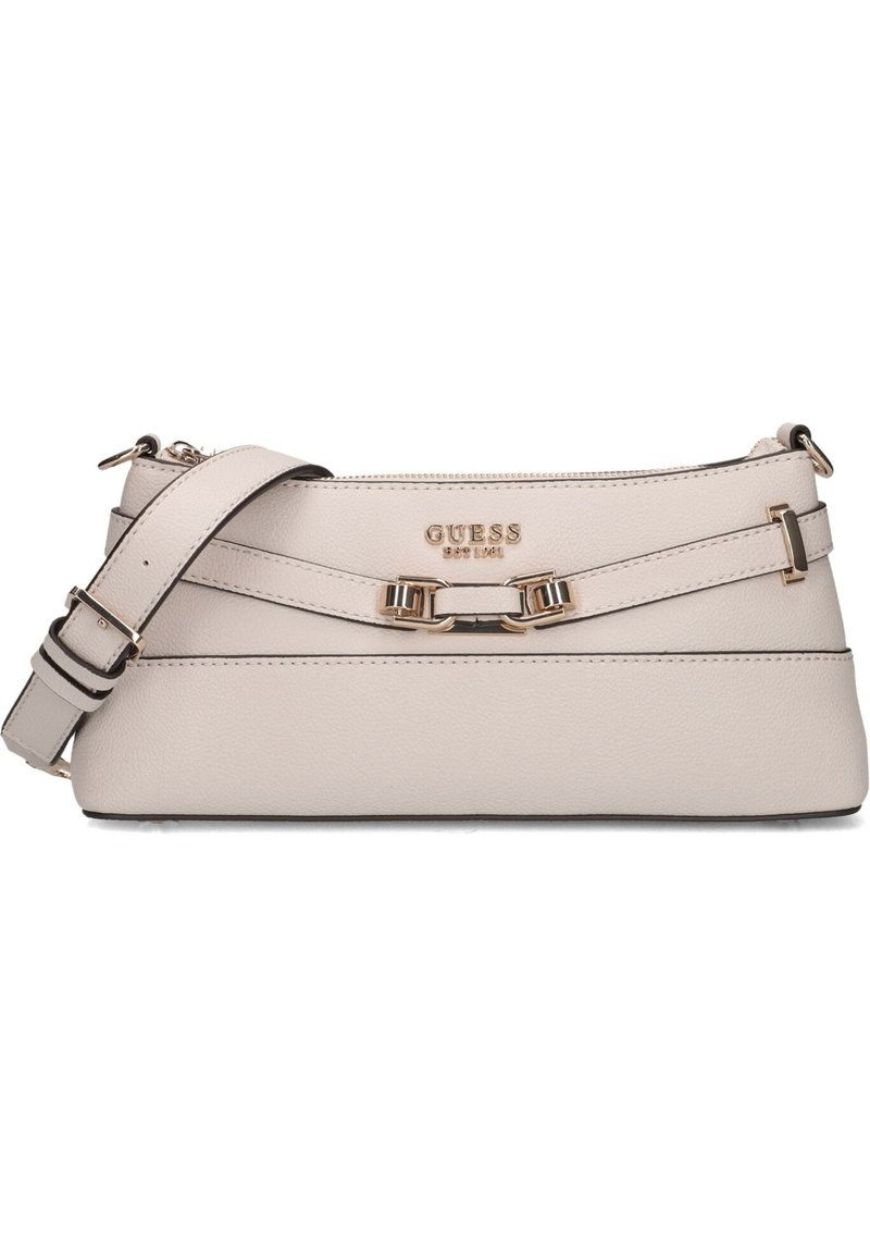 Borsa a tracolla in pelle beige chiaro con finitura texturizzata, hardware dorato, dettaglio con logo frontale e tracolla regolabile.