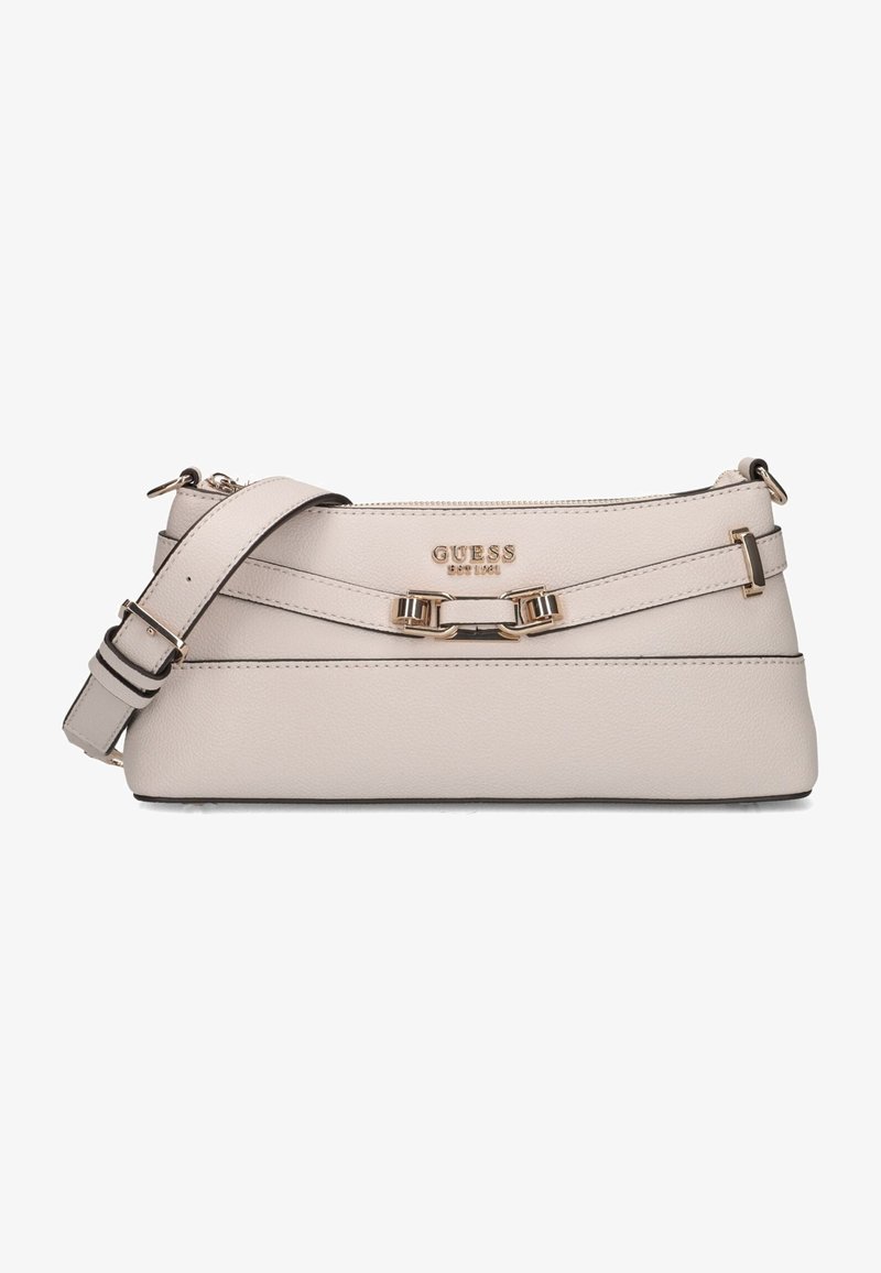 Borsa a tracolla in pelle beige chiaro con finitura texturizzata, hardware dorato, dettaglio con logo frontale e tracolla regolabile.