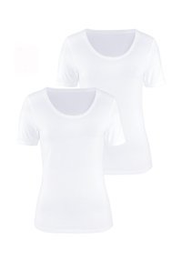 Two white short-sleeve t-shirts with a round neckline, made of soft cotton fabric, featuring a smooth texture and clean design.