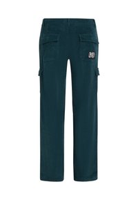 Teal corduroy cargobroek met een rechte pijp ontwerp. Bevat twee zijzakken en een logopatch op de achterzak. Zachte, gestructureerde stof.