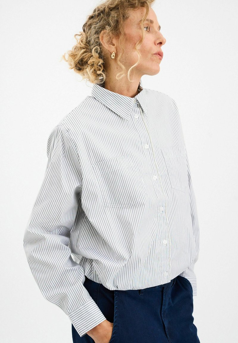 Camisa de botón en rayas verticales en azul claro y blanco, con cuello, mangas largas y dos bolsillos en el pecho. Textura de tela suave.