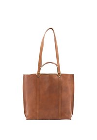 Sac fourre-tout en cuir marron avec deux anses, de forme rectangulaire, coutures visibles et deux coutures verticales comme détails notables.