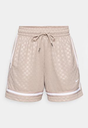 Pantaloni sportivi beige con un motivo a scacchi testurizzato, elastico in vita, cordoncino e strisce bianche ai lati. Logo del marchio sulla coscia.