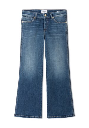 Blauwe spijkerbroek met licht uitlopende pijpen, voorzakken, riemlussen en een knoopsluiting in de taille.