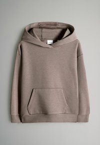 Hætte sweatshirt i lys taupe, lavet af blødt stof. Har en kenguru lomme og ribbede manchetter og kant, med en afslappet pasform.