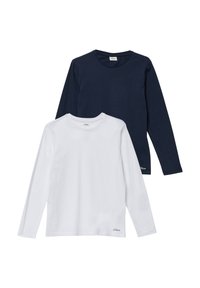 Dwie koszulki z długim rękawem: jedna granatowa, druga biała. Obie mają okrągłe dekolty, miękką bawełnianą tkaninę oraz małe akcenty z logo przy dolnych krawędziach.