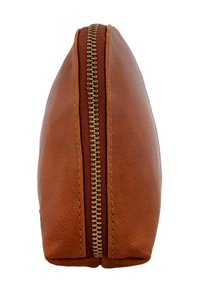 Brown leather pouch with visible gold metal zipper running along the top center, shown from a side angle on a white background.