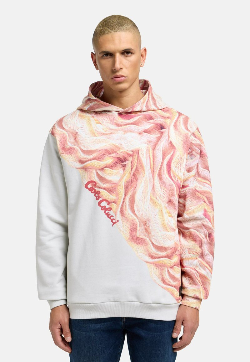 Hooded sweatshirt in white with a prominent pink bacon design. Features textured fabric and a logo in red on the front.