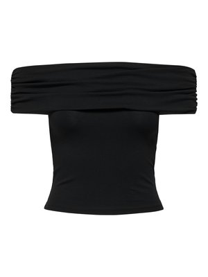 Svart tettsittende topp med avskårne skuldre og rynkedetaljer langs den øvre kanten og en rett kant nederst.