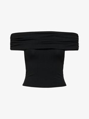 Čierny priliehavý top so spustenými ramenami s nariaseným detailom látky pozdĺž hornej hrany a s rovnou lemovkou.