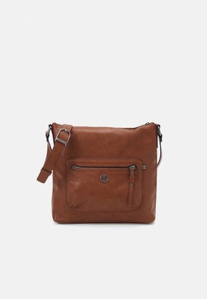 Brown leather crossbody bag with adjustable strap, front zip pocket, and silver buckle on plain background.