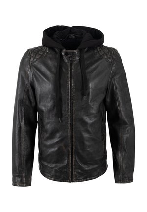 Schwarze Lederjacke mit einer weichen schwarzen Kapuzenjacke. Merkmale sind gestepptes Schulterdesign, ein Reißverschluss vorne und zwei seitliche Taschen. Sanfte Textur.