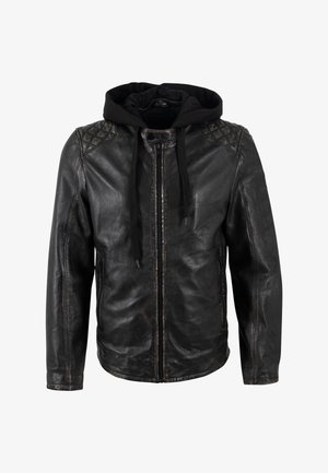 Schwarze Lederjacke mit einer weichen schwarzen Kapuzenjacke. Merkmale sind gestepptes Schulterdesign, ein Reißverschluss vorne und zwei seitliche Taschen. Sanfte Textur.