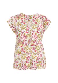 Blusa floreale con maniche a cappuccio corte, caratterizzata da fiori rosa, rossi e verdi su uno sfondo bianco; tessuto leggero con una vestibilità rilassata.