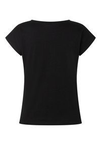Sort t-shirt med korte ærmer og rund hals, lavet af blød bomuld. Bagsiden er ensfarvet med en glat overflade uden synlige logoer eller mønstre.
