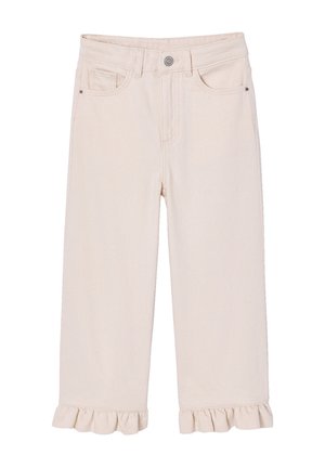 Mädchenhosen in Cremefarbe mit Vordertaschen, Gürtelschlaufen, Knopfverschluss und gerafften Säumen am unteren Beinende.