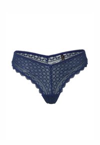 String in pizzo blu navy con motivo a diamante, bordi scallop e un piccolo fiocco decorativo al centro davanti.