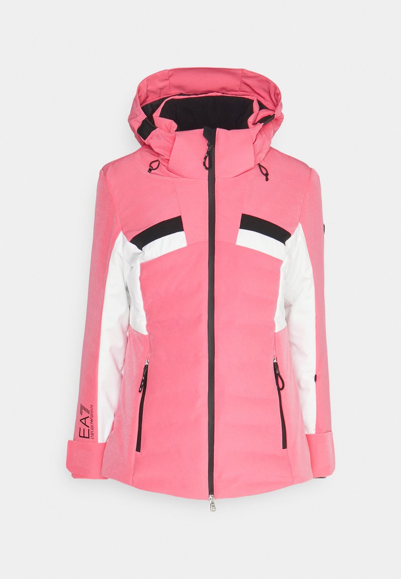 Roze skijas met een capuchon, voorzien van witte en zwarte kleurblokken. Inclusief ritszakken en verstelbare manchetten voor een perfecte pasvorm.