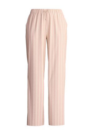 Light pink striped trousers with an elastic waistband, drawstring closure, and straight leg design. Soft fabric with vertical lines.