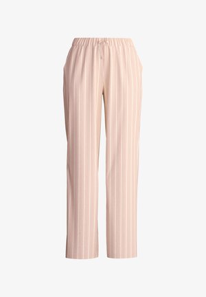 Light pink striped trousers with an elastic waistband, drawstring closure, and straight leg design. Soft fabric with vertical lines.
