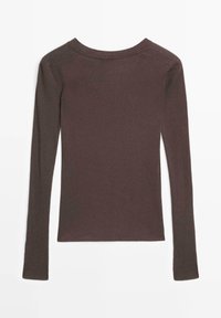 Długi rękaw, ribbed top w ciemnym brązie, z okrągłym dekoltem i dopasowanym krojem. Uszyty z miękkiej, teksturowanej tkaniny z wąskimi rękawami.