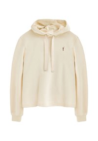 Beige cropped hoodie lavet af blødt stof, med en snorhætte og et lille brunt logo på brystet. Lange ærmer med ribbede manchetter.