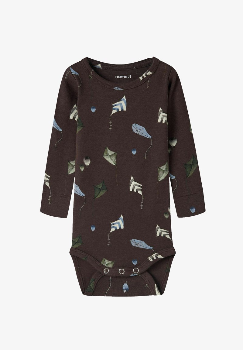 Body bébé marron foncé à manches longues avec motifs de cerf-volant et de ballon en bleu, vert et blanc, et boutons-pression à l'entrejambe.