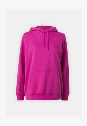 Pink hoodie made of soft fabric with a front kangaroo pocket, adjustable drawstring hood, and ribbed cuffs. Features a simple logo.