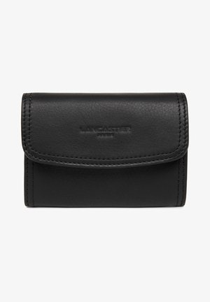 Black leather wallet with a smooth texture, stitched edges, and embossed brand logo. Features a flap closure for secure storage.