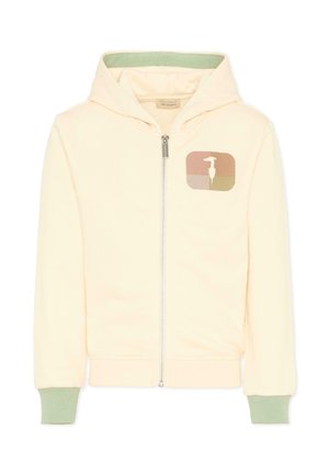Roomkleurige zip-up hoodie met groene geribbelde boorden en capuchonvoering, met een vierkant logo met een gestileerde vogel op de linkerborst.
