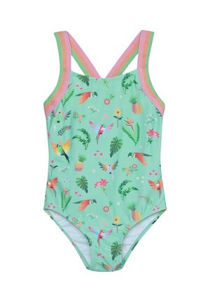 Un maillot de bain une pièce vert avec un motif d'oiseaux tropicaux et de plantes, orné de rayures multicolores sur les bretelles.