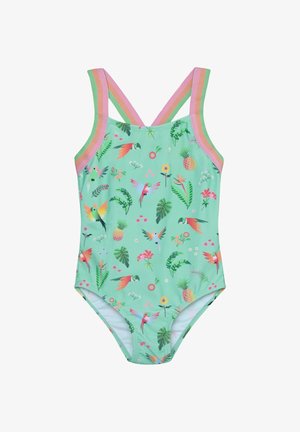 Un costume intero verde con motivo di uccelli tropicali e piante, con spalline a righe multicolori.