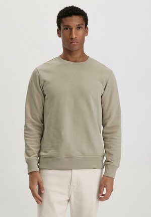 Light green sweatshirt made from a soft fabric, featuring a crew neckline, ribbed cuffs, and waistband. Simple, minimal design with no graphics.