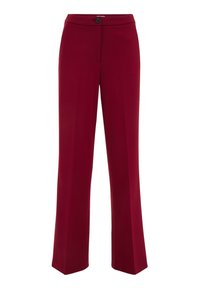 Burgundy skräddarsydda byxor med raka ben, slät framdel och en enkel knappstängning med en mjuk textur.