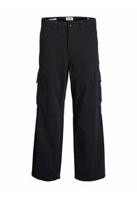Pantalons cargo larges noirs avec poches latérales, passants de ceinture et fermeture à bouton à la taille.