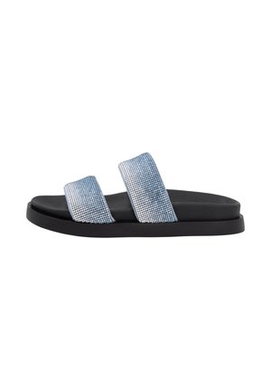 Slide sandals with two textured blue straps featuring rhinestones, black base, flat sole, and open toe design.
