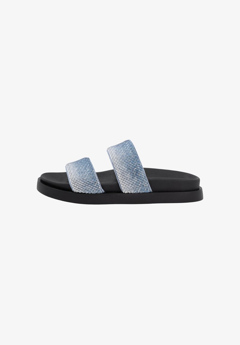Slide sandals with two textured blue straps featuring rhinestones, black base, flat sole, and open toe design.