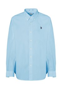 Camicetta azzurra chiara in cotone, con colletto classico, maniche lunghe e un piccolo logo ricamato sul petto.