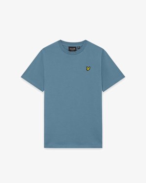 Niebieska bawełniana koszulka z krótkim rękawem, z żółtym haftowanym logo motyla po lewej stronie klatki piersiowej. Gładka struktura, okrągły dekolt.