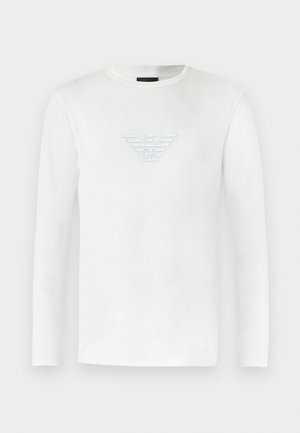 White long-sleeve crew neck sweatshirt with embossed Emporio Armani eagle logo centered on the chest.