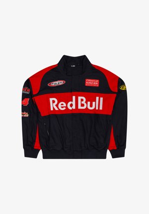 Black and red racing jacket with Red Bull logo across the chest, Oracle Red Bull Racing patch, and various sponsor patches on sleeves and front.